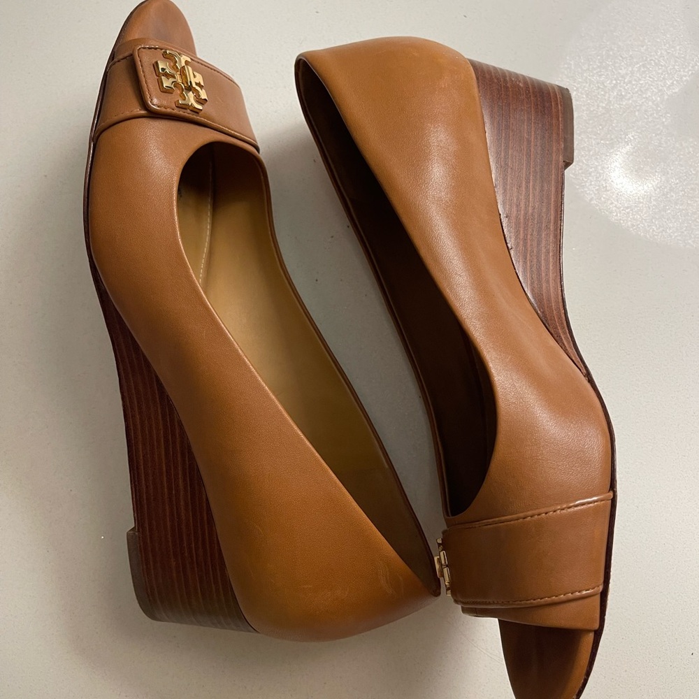Tory Burch Brown Leather Wedge Shoes with Sleek Design